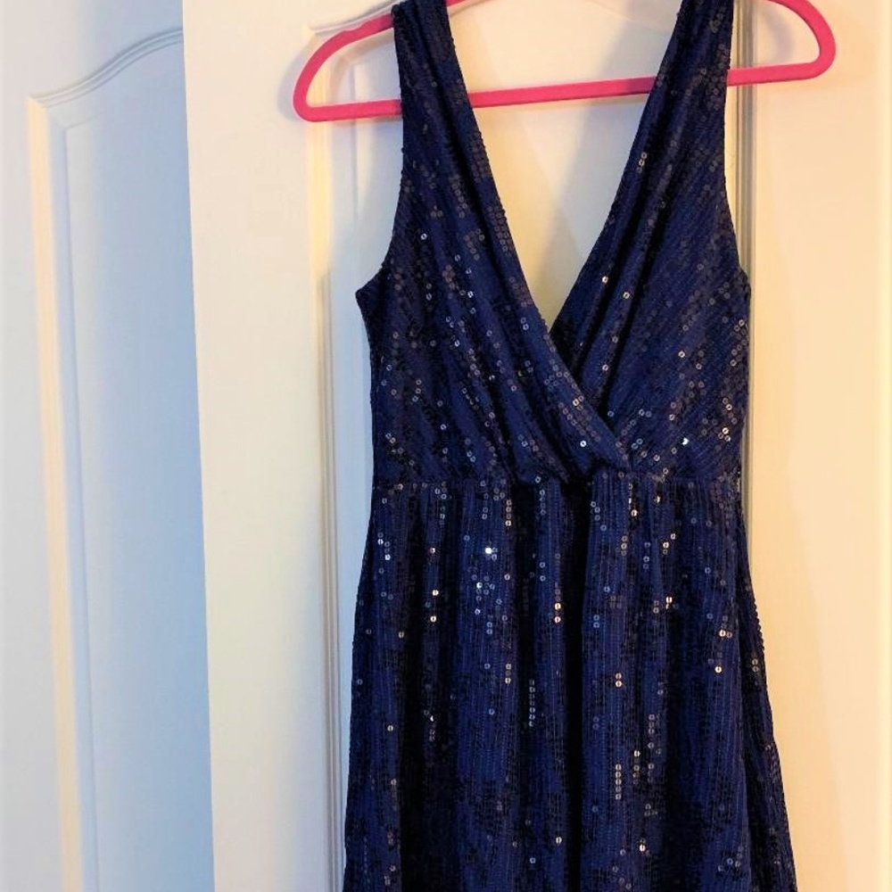 deep blue sparkle v neck and v back date dress